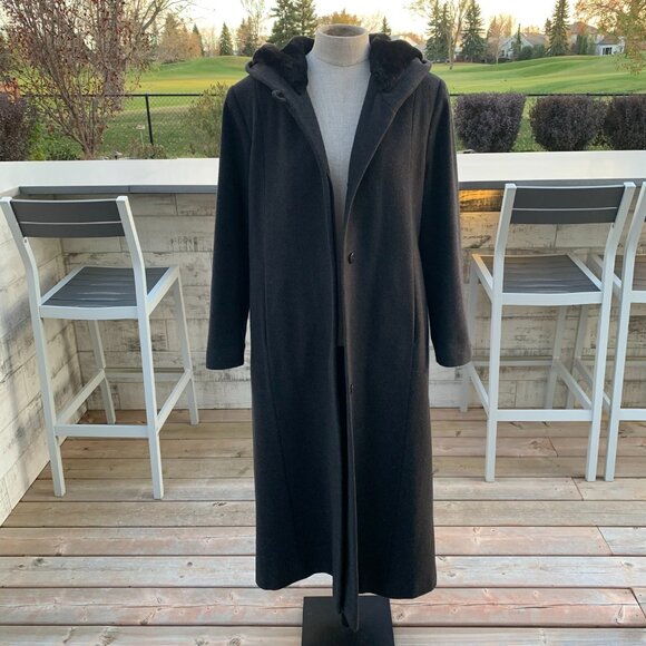 Vintage 90s Wool Cashmere Faux Fur Lined Hood Long Maxi Coat Overcoat - Picture 5 of 16